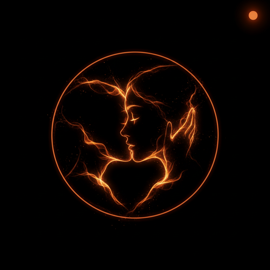 Amber light portrait of a webcam performer framed in a glowing circle