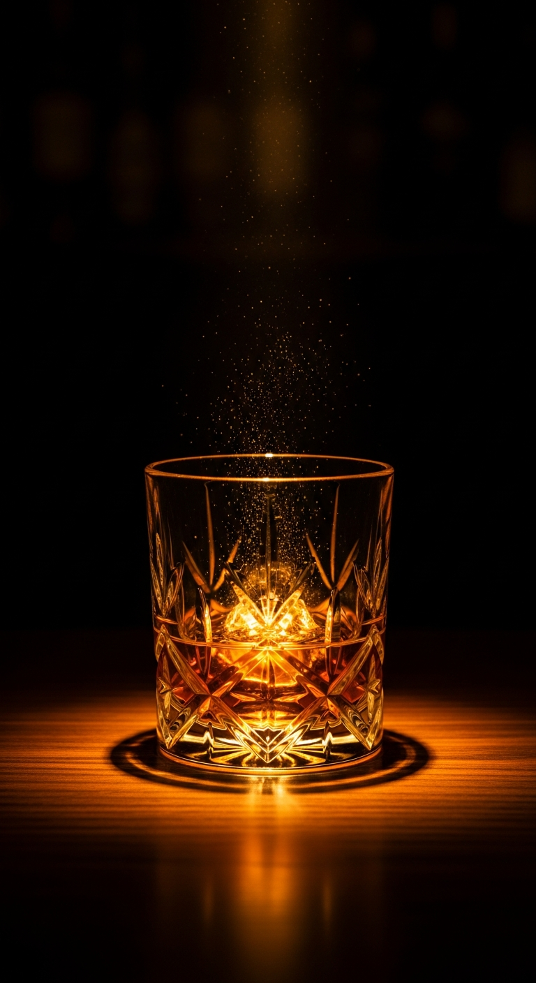 Glowing whisky tumbler on a pure black background with golden particles — Traffic.Bar story